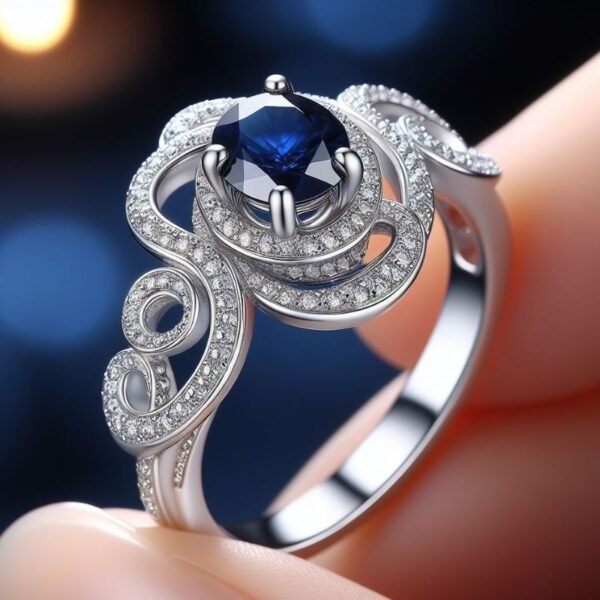 white gold designer ring with natural blue sapphire designed by Sarah Netanya